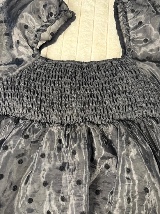 Molly Green Black Dotted Swiss Puff Sleeve Smocked Empire Waist Peplum Top Small - Picture 8 of 11